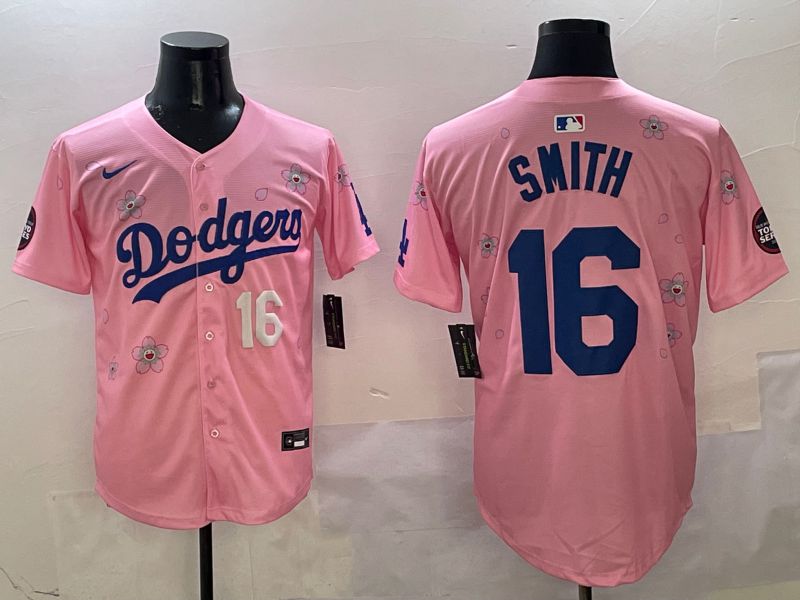 Men Los Angeles Dodgers #16 Smith Pink Sakura Edition 2025 Nike MLB Jersey style 5